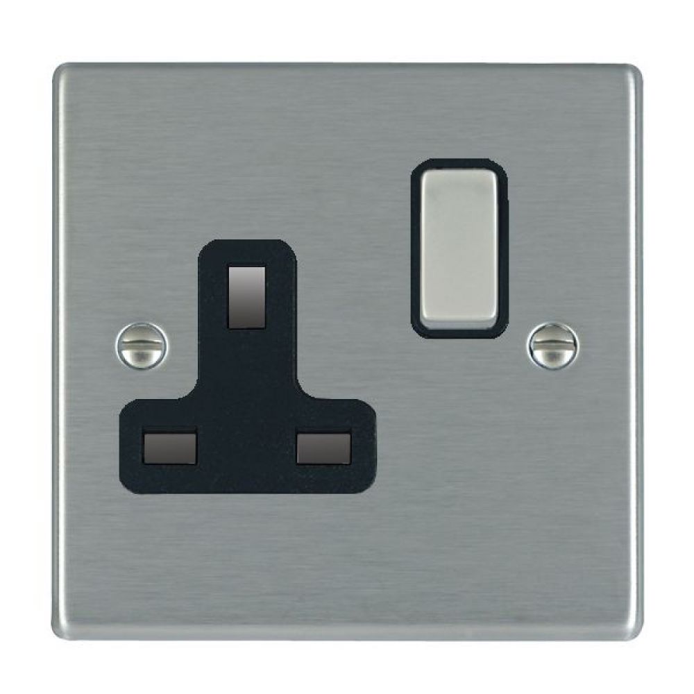 Hamilton Hartland Satin Stainless 1 Gang 13A Double Pole Switched Socket with Satin Stainless Inserts + Black Surround