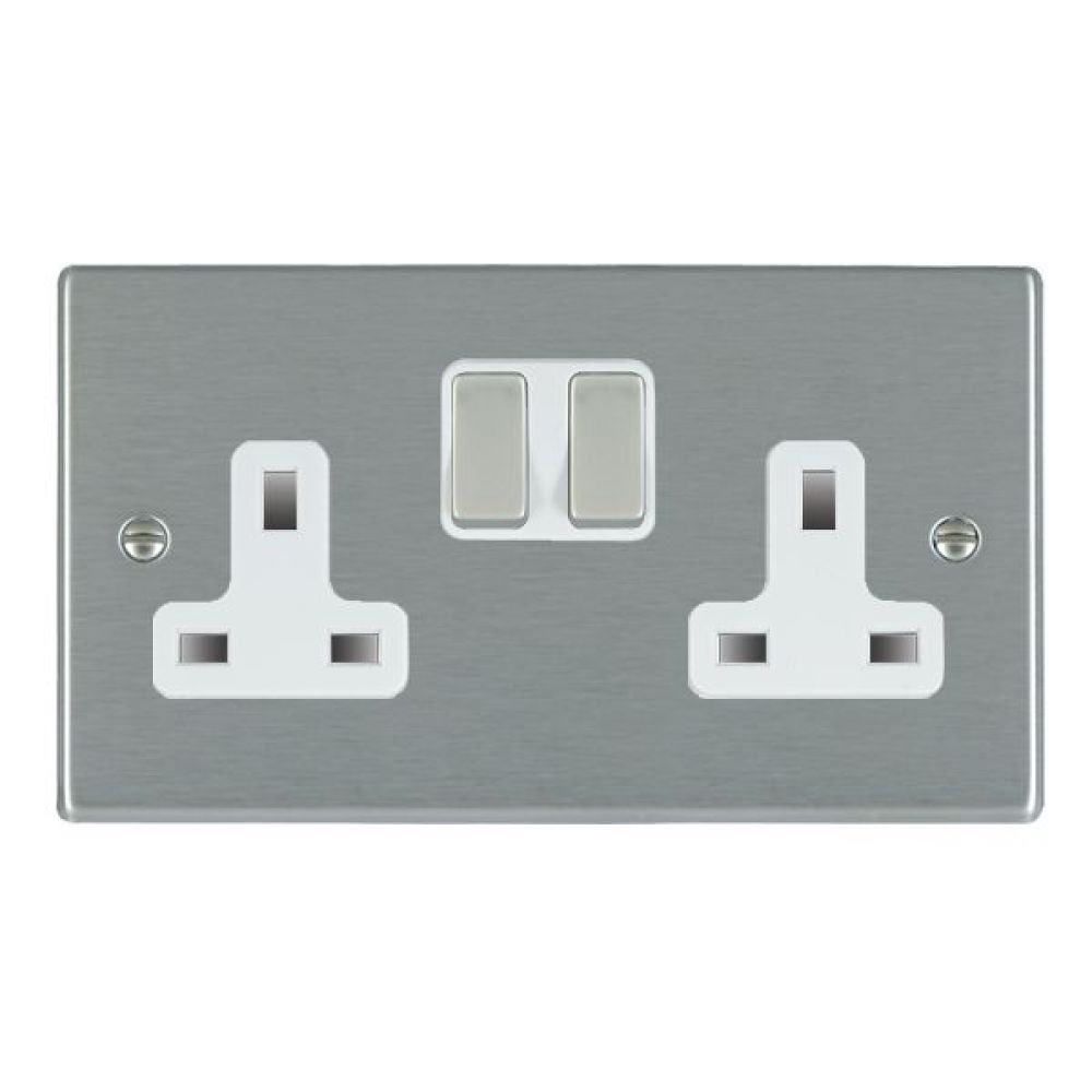 Hamilton Hartland Satin Stainless 2 Gang 13A Double Pole Switched Socket with Satin Stainless Inserts + White Surround