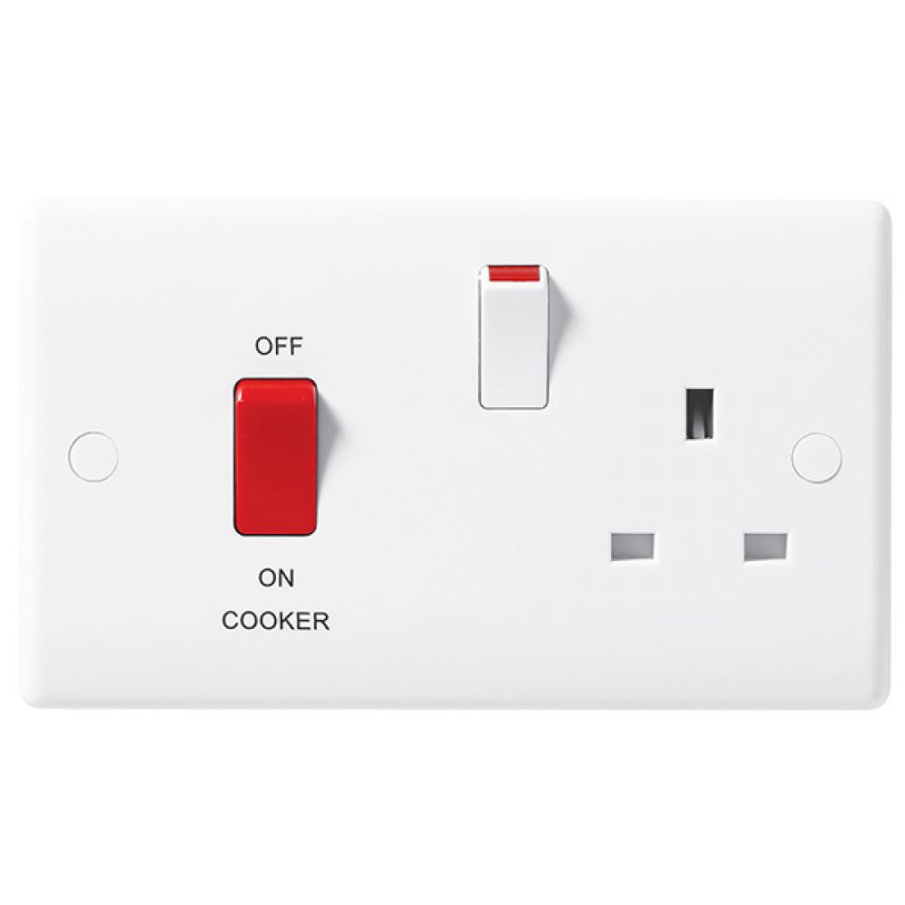 BG White Round Edge 45 Amp Double Pole Cooker Control Unit with Socket