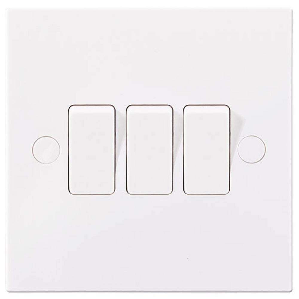 BG White Square Edge 3 Gang 10AX 2 Way Rocker Switch